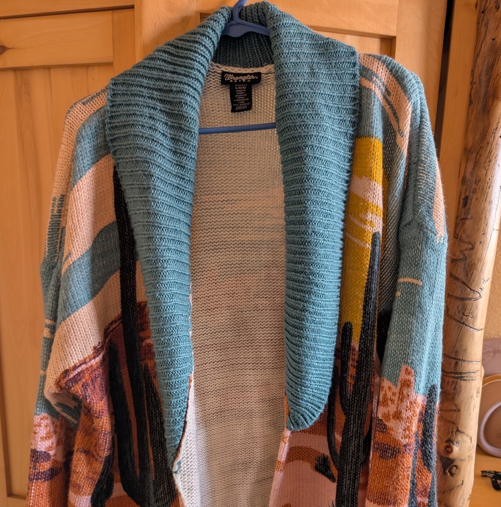Wrangler Women's Teal and Cream Open Front Cardigan